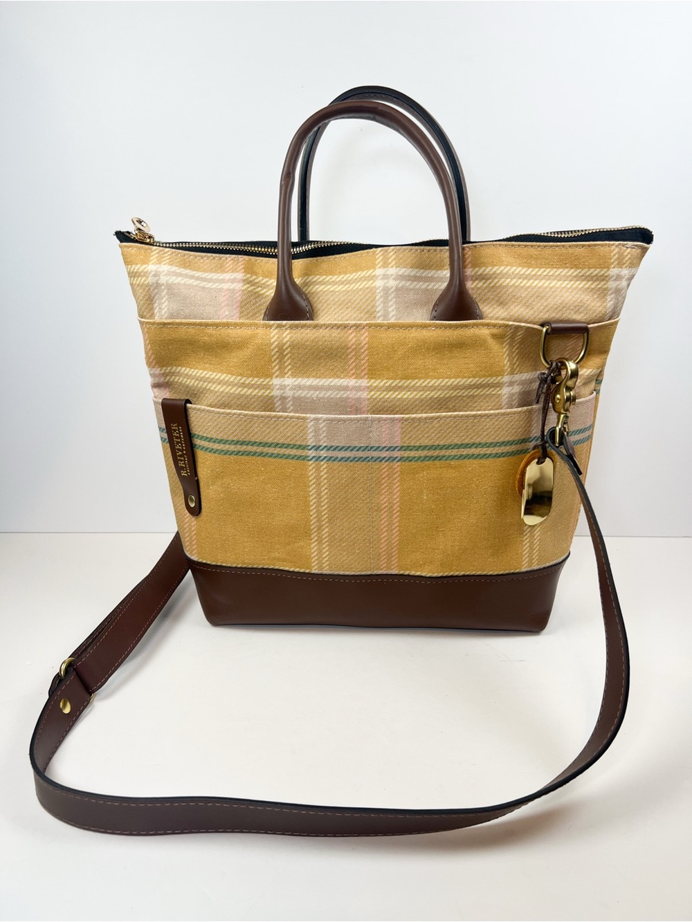 R. Riveter Otto Tote Yellow Plaid & Brown Leather Purse